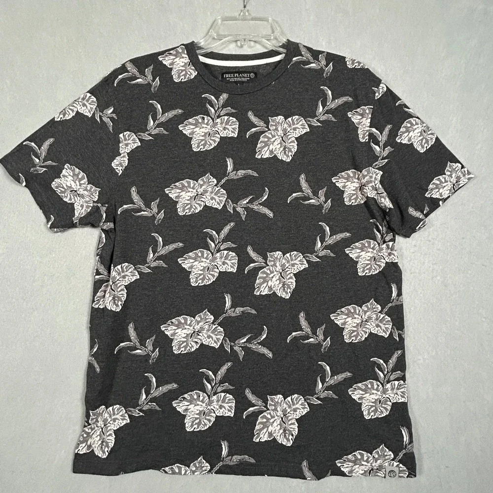 Free Planet T-Shirt Mens Large Charcoal Grey Floral Tropical Short‎ Sleeve Tee